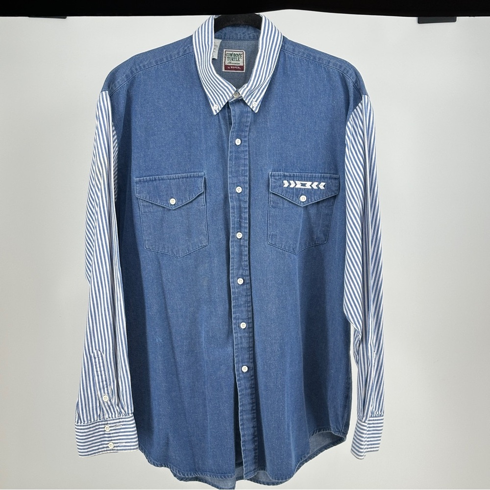 Vintage 90’s Roper Blue Denim Western‎ Shirt with Striped Sleeves